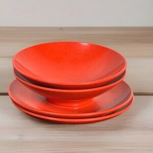 Vintage Holiday Kenro Melamine Speckled Orange Red Bowls and Saucers Set of 4